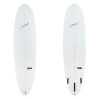 Two white surfboards with branding on a white background