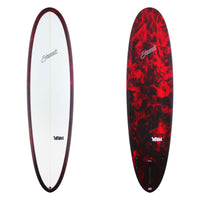 Stewart Mid-Length 7'4" 2FUN (7'4", 22 1/2", 2 7/8") B#129324 with a red and black resin swirl on the bottom and rail.