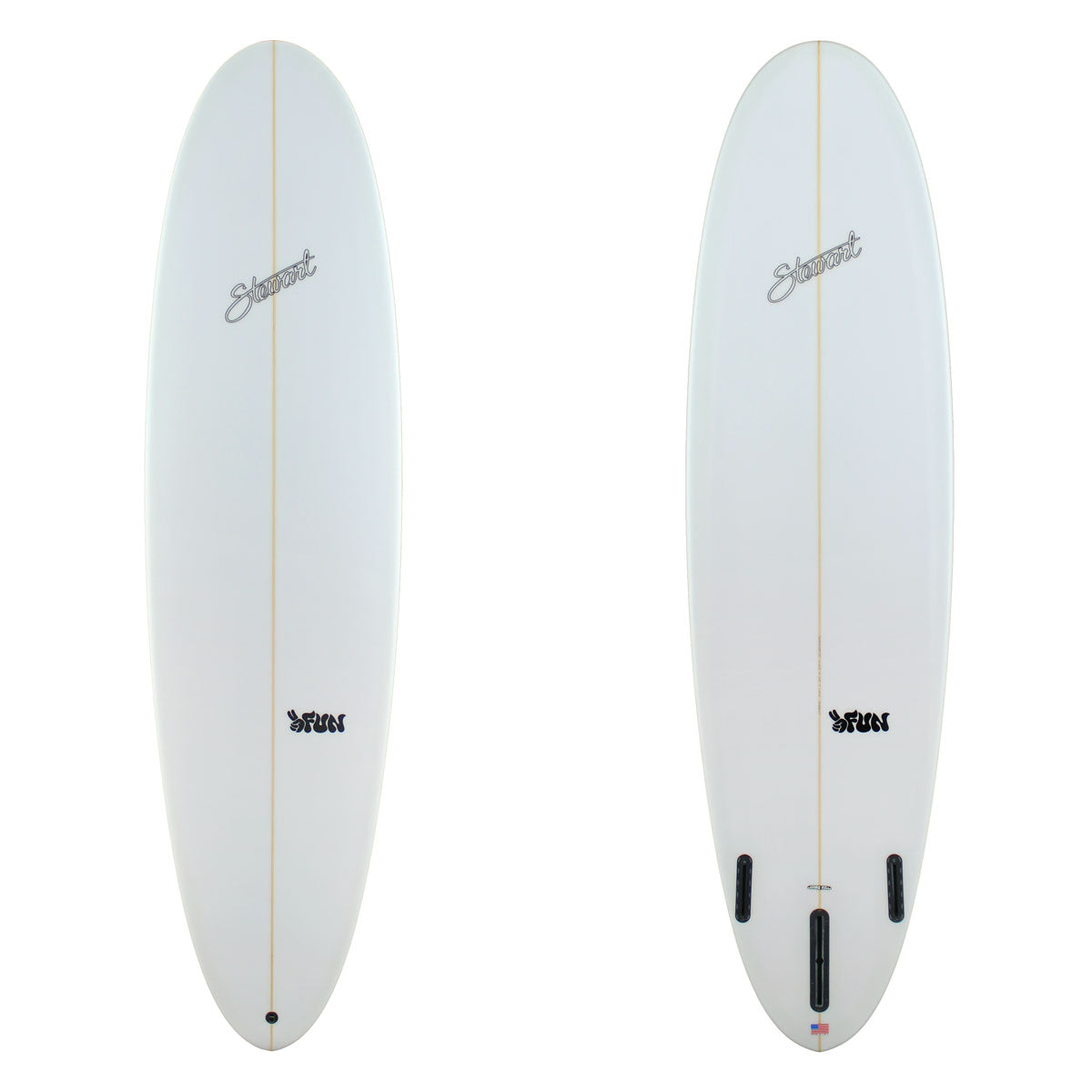 top and bottom images of white surfboard with black logos