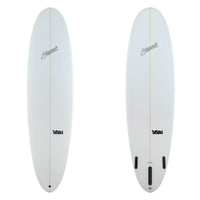 top and bottom images of white surfboard with black logos