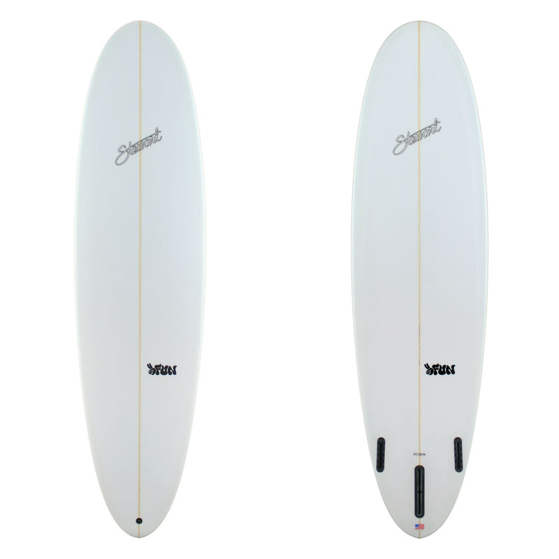 top and bottom images of white surfboard with black logos