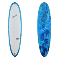 Stewart Mid-Length 7'2" 2FUN (7'2", 22", 2 3/4") B#129343 with a blue green and light blue resin swirl on the bottom and rails 