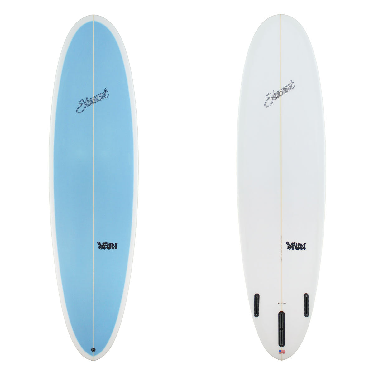 Two views of a surfboard with a blue and white design on a white background