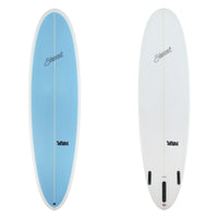 Two views of a surfboard with a blue and white design on a white background