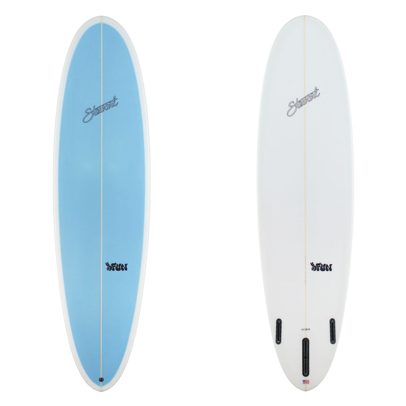 Two views of a surfboard with a blue and white design on a white background