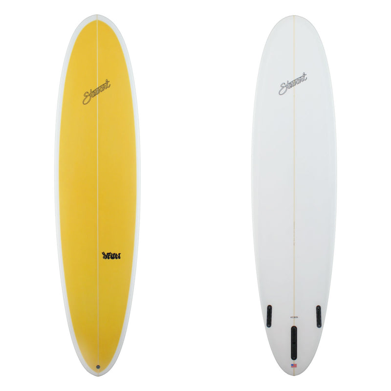 Yellow and white surfboard with a brand logo on a white background