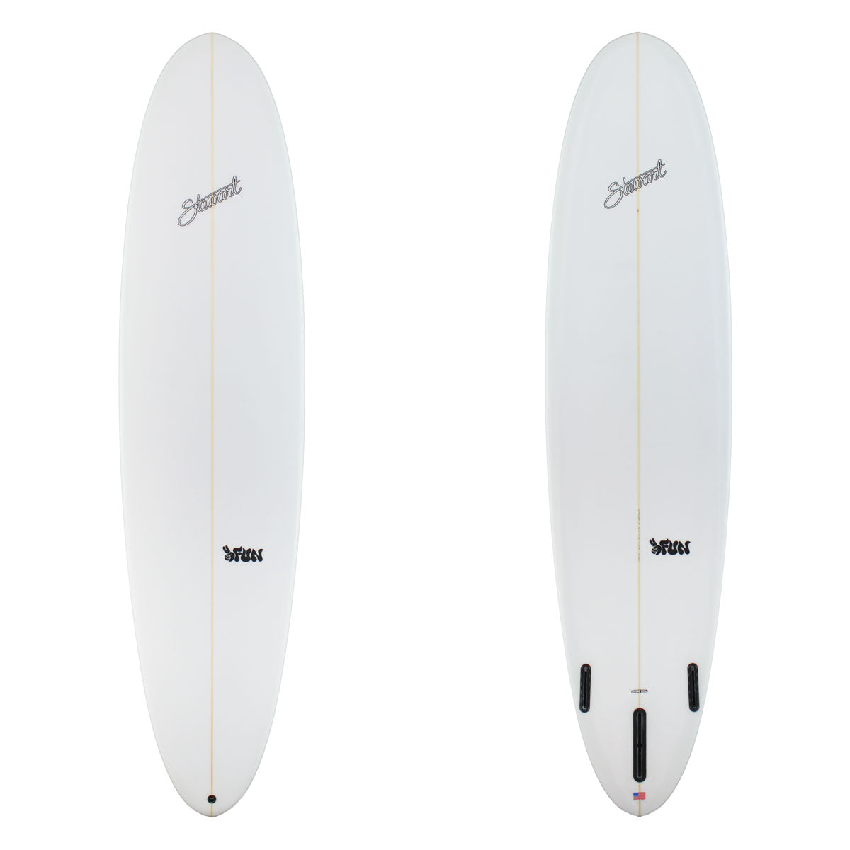 Two white surfboards with branding on a white background