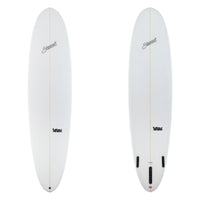 Two white surfboards with branding on a white background