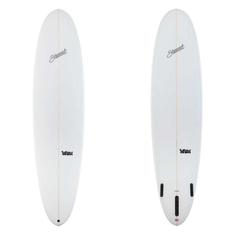 Two white surfboards with branding on a white background