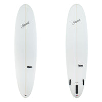 Two white surfboards with branding on a white background