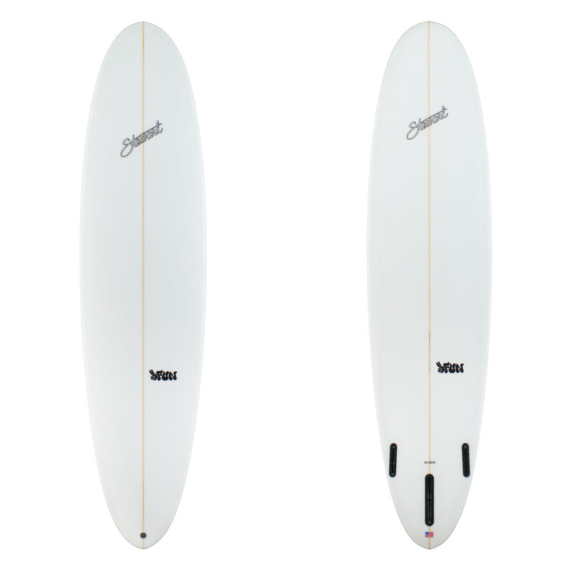 Two white surfboards with branding on a white background