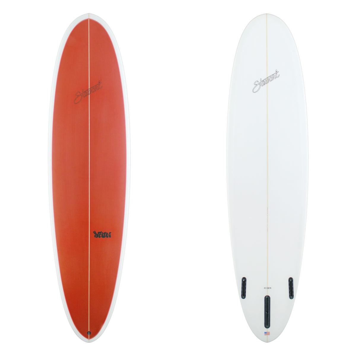 two surfboard images with a red deck and white bottom with branding