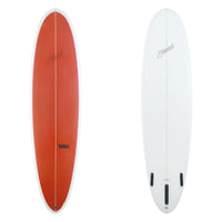two surfboard images with a red deck and white bottom with branding