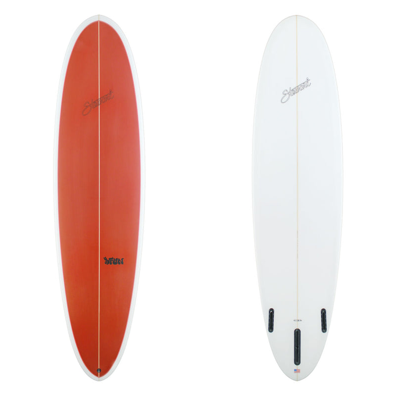 two surfboard images with a red deck and white bottom with branding