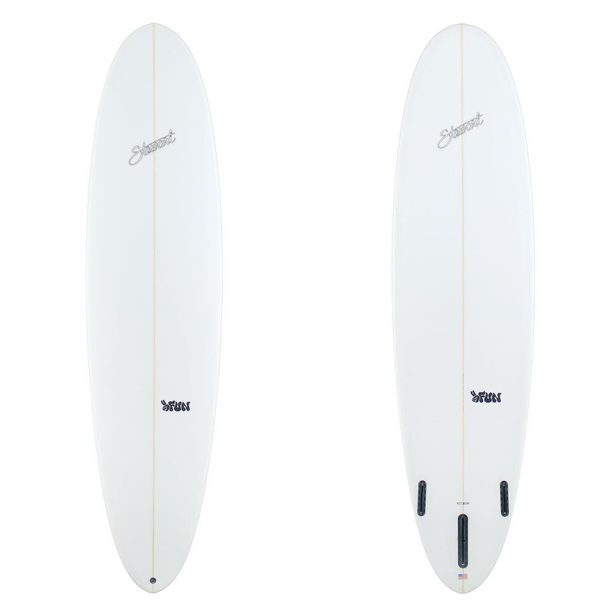 Two white surfboards with branding on a white background