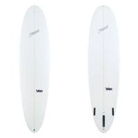 Two white surfboards with branding on a white background