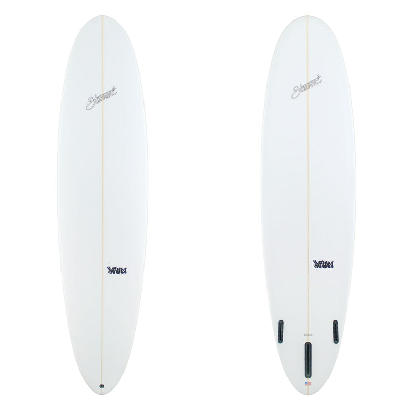 Two white surfboards with branding on a white background