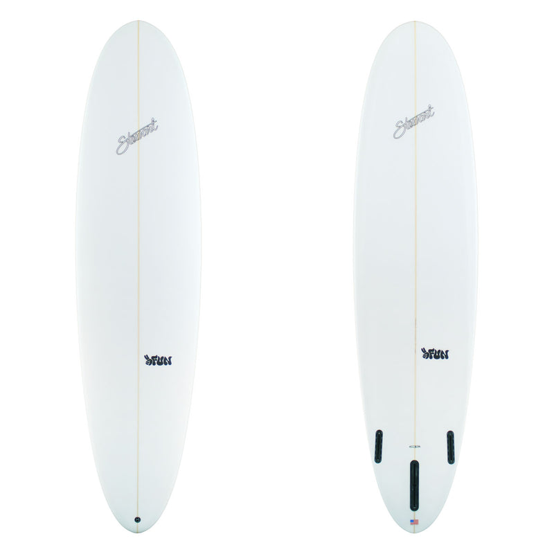 two images of a white surfboard with black branding