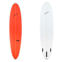 Two surfboards, one orange and one white, on a white background