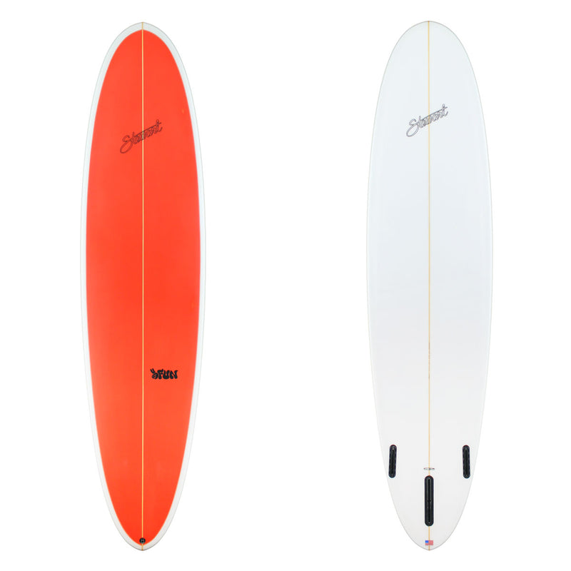Two surfboards, one orange and one white, on a white background