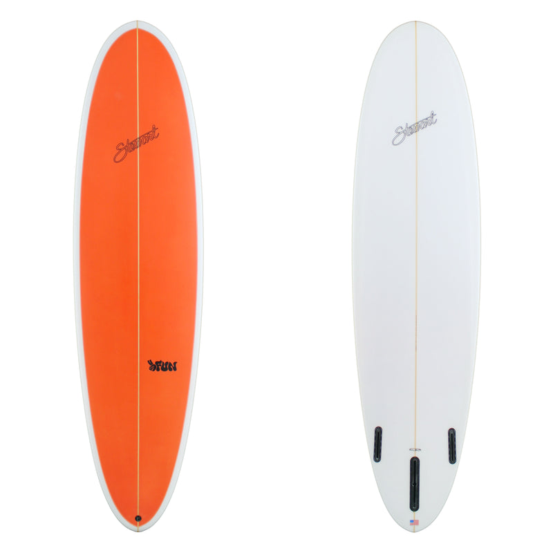 two surfboard images. One with an orange deck panel one with white bottom and black branding