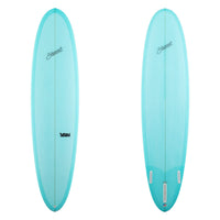 tw images of a light blue surfboards with black branding