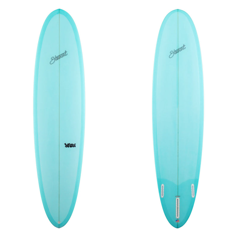 tw images of a light blue surfboards with black branding