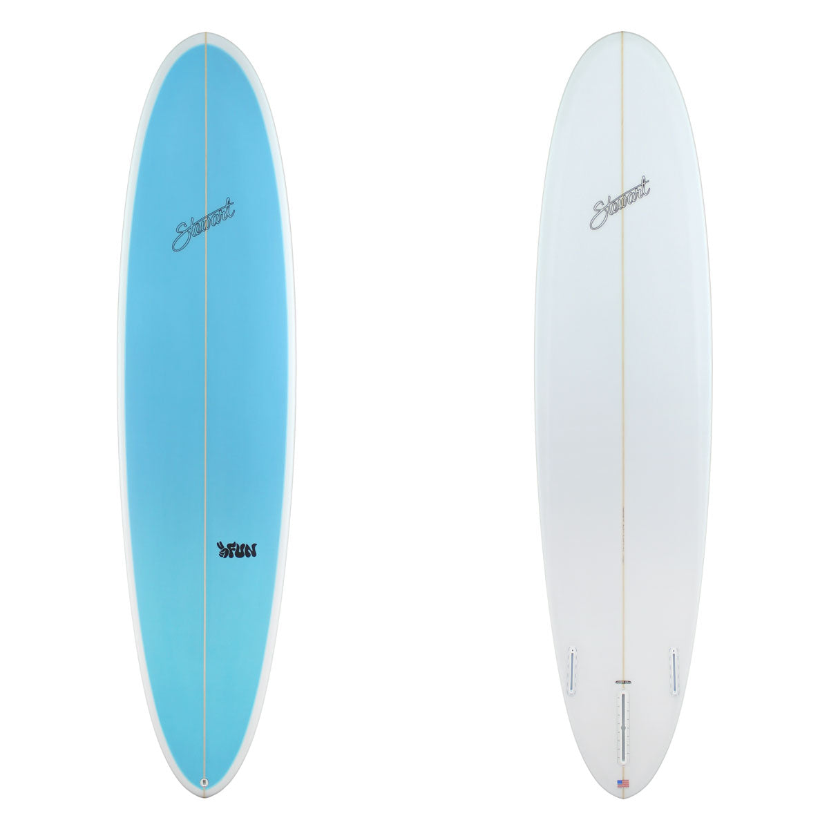 Two surfboards images one blue and one white with black branding