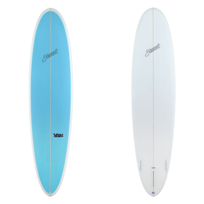 Two surfboards images one blue and one white with black branding