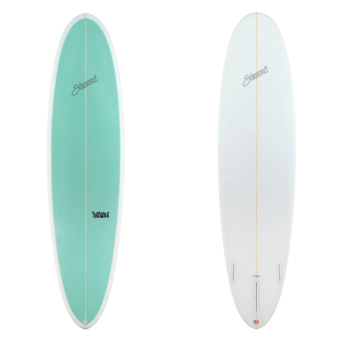 Stewart Mid-Length 7'6" 2FUN (7'6", 22 1/2", 3") B#129867 with a light green panel on the deck