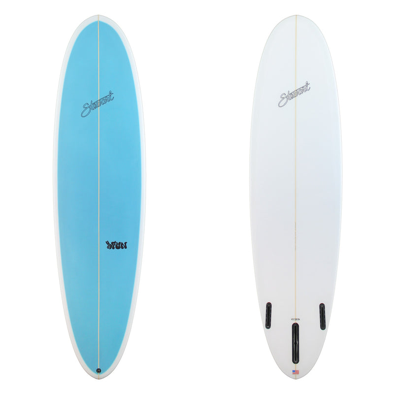 Front and back views of a surfboard on a white background. The top side is light blue with a white border and the script brand name 'Element' printed near the nose.