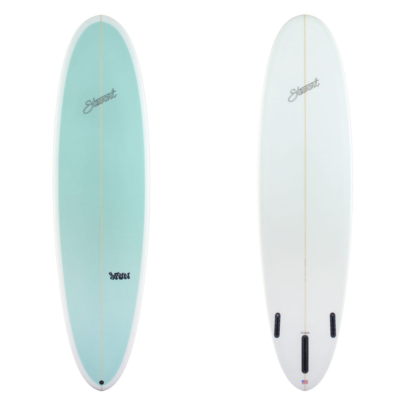 Stewart Midlength. 7'8" 2FUN (7'8", 22 3/4", 3") B#130129 Green painted deck with clear rails and bottom. Black stewart and 2fun logos. Sand Only.