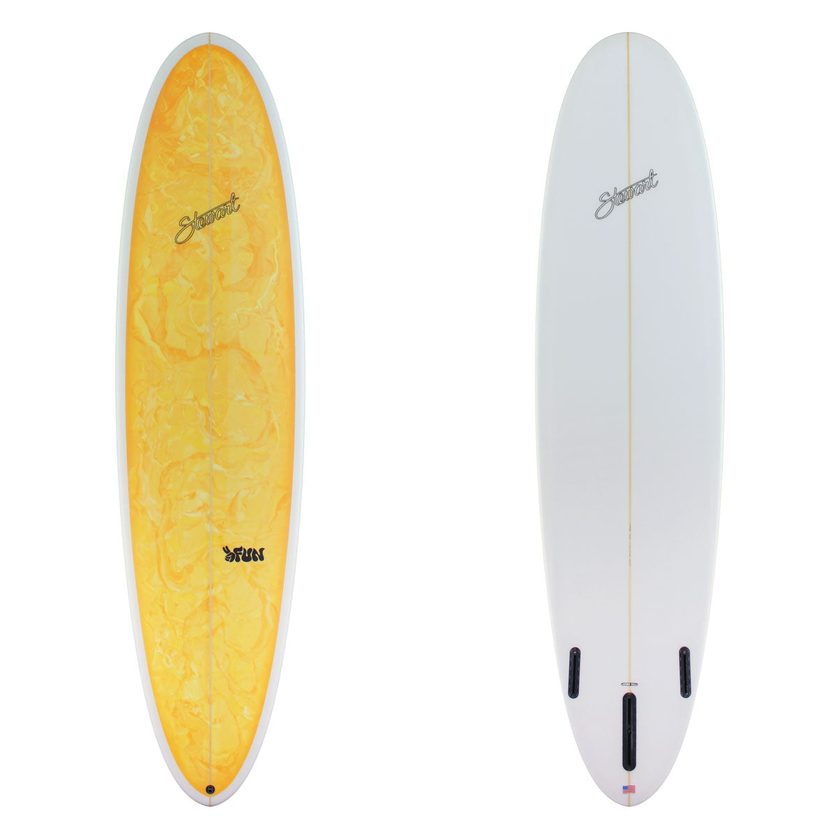 Stewart Mid-Length 7'8" 2FUN (7'8", 22 3/4", 3") B#130130 with a yellow and orange acid splash panel on the deck