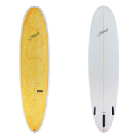 Stewart Mid-Length 7'8" 2FUN (7'8", 22 3/4", 3") B#130130 with a yellow and orange acid splash panel on the deck