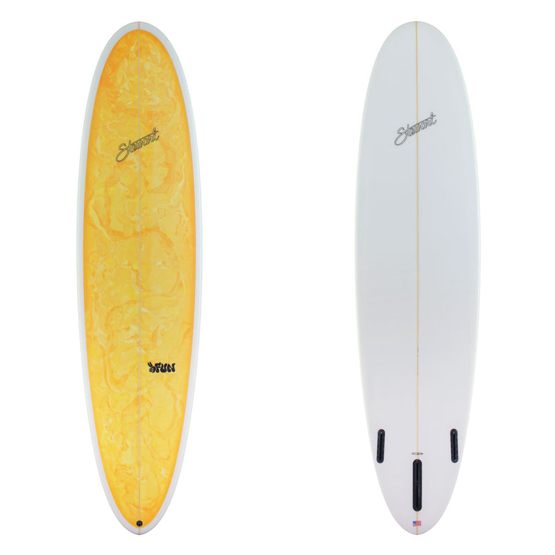 Stewart Mid-Length 7'8" 2FUN (7'8", 22 3/4", 3") B#130130 with a yellow and orange acid splash panel on the deck