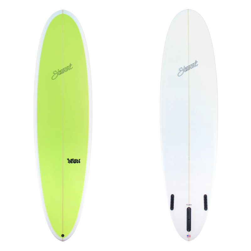 Stewart Midlength 7'2" 2FUN (7'2", 22", 2 3/4") B#130196 Lime green deck. Clear bottom to rail wrap. Black stewart and 2fun logos. Sand only.