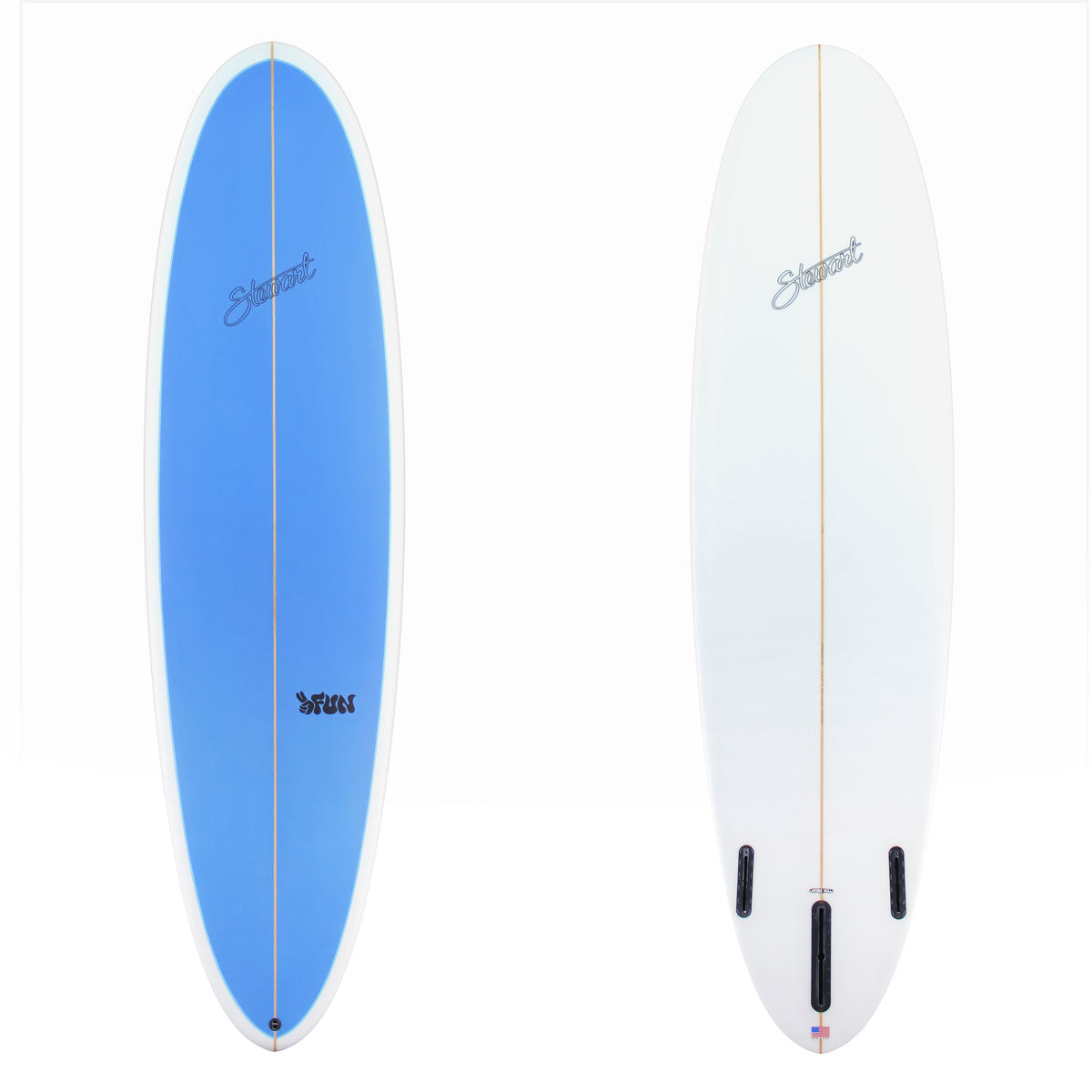 Stewart 2Fun with a blue deck and white bottom.  There is black branding on both sides.