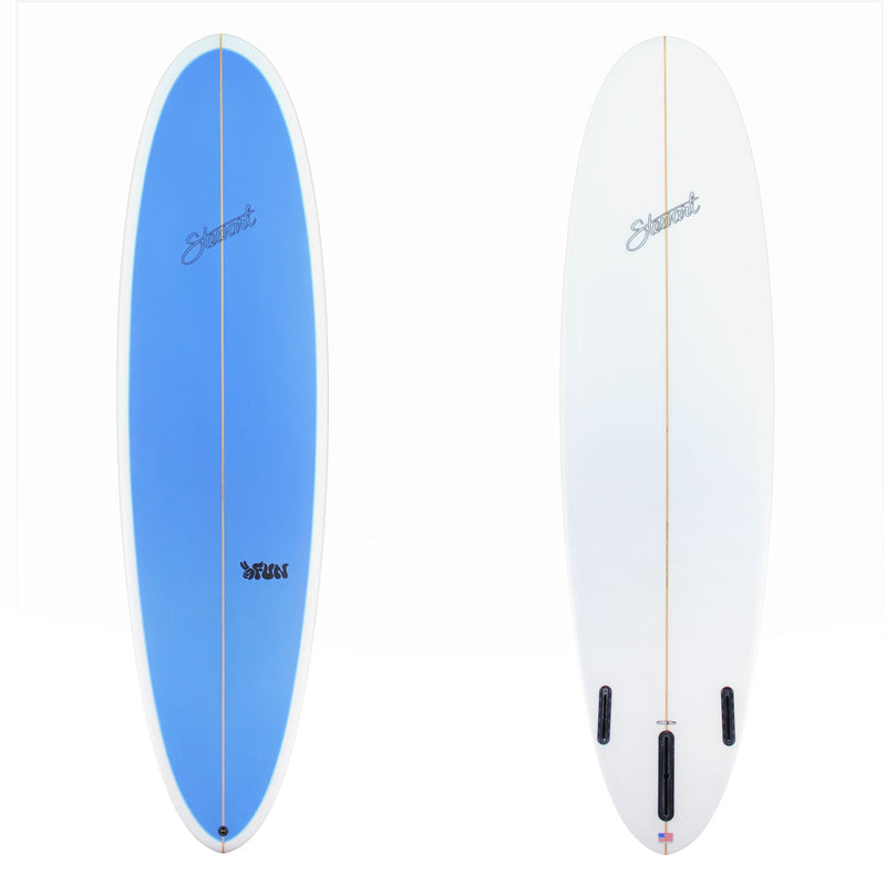Stewart 2Fun with a blue deck and white bottom.  There is black branding on both sides.