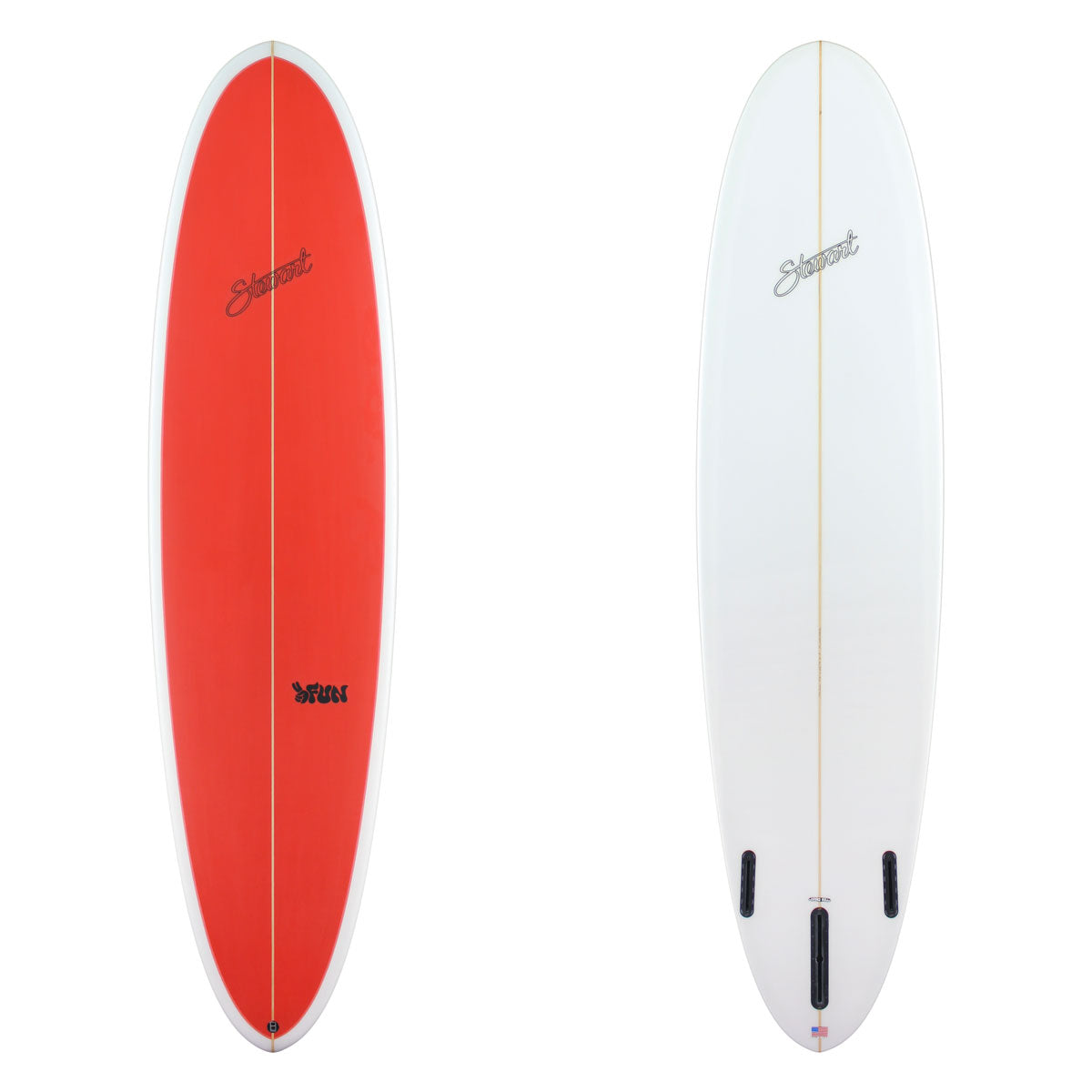 Stewart 2Fun with a red deck and white bottom. There is black branding on both sides