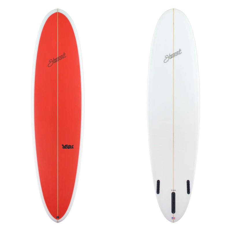 Stewart 2Fun with a red deck and white bottom. There is black branding on both sides