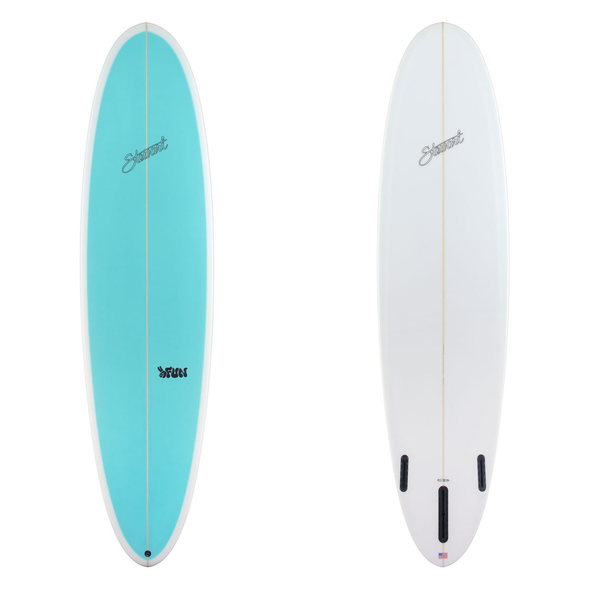 Stewart 2Fun with a light blue deck and white bottom. There is black branding on both sides