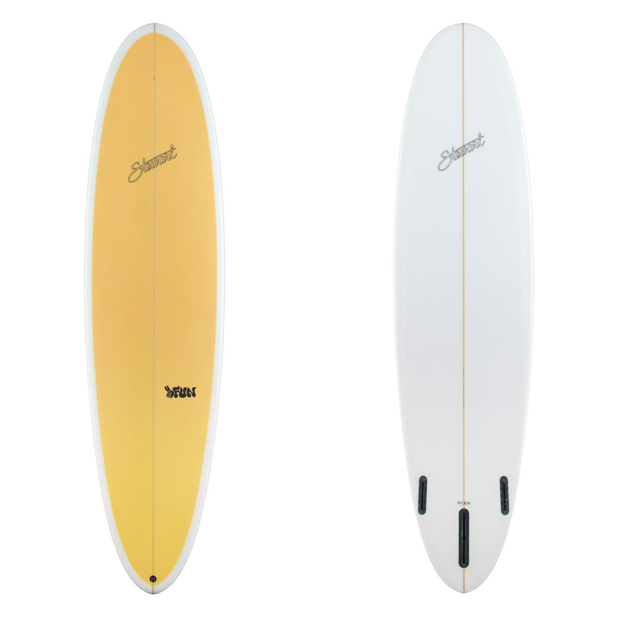 Stewart surfboards 2Fun with a light yellow deck and white bottom with black branding on the bottom.