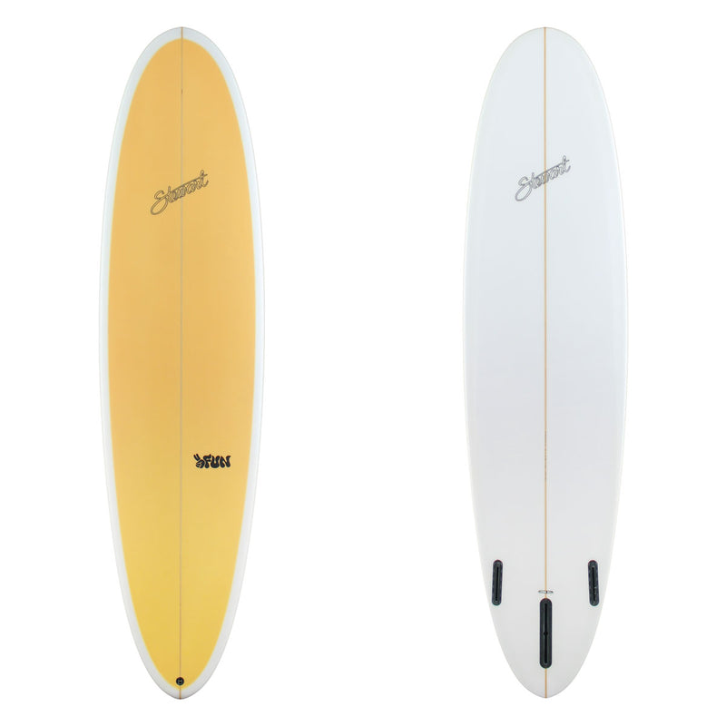 Stewart surfboards 2Fun with a light yellow deck and white bottom with black branding on the bottom.