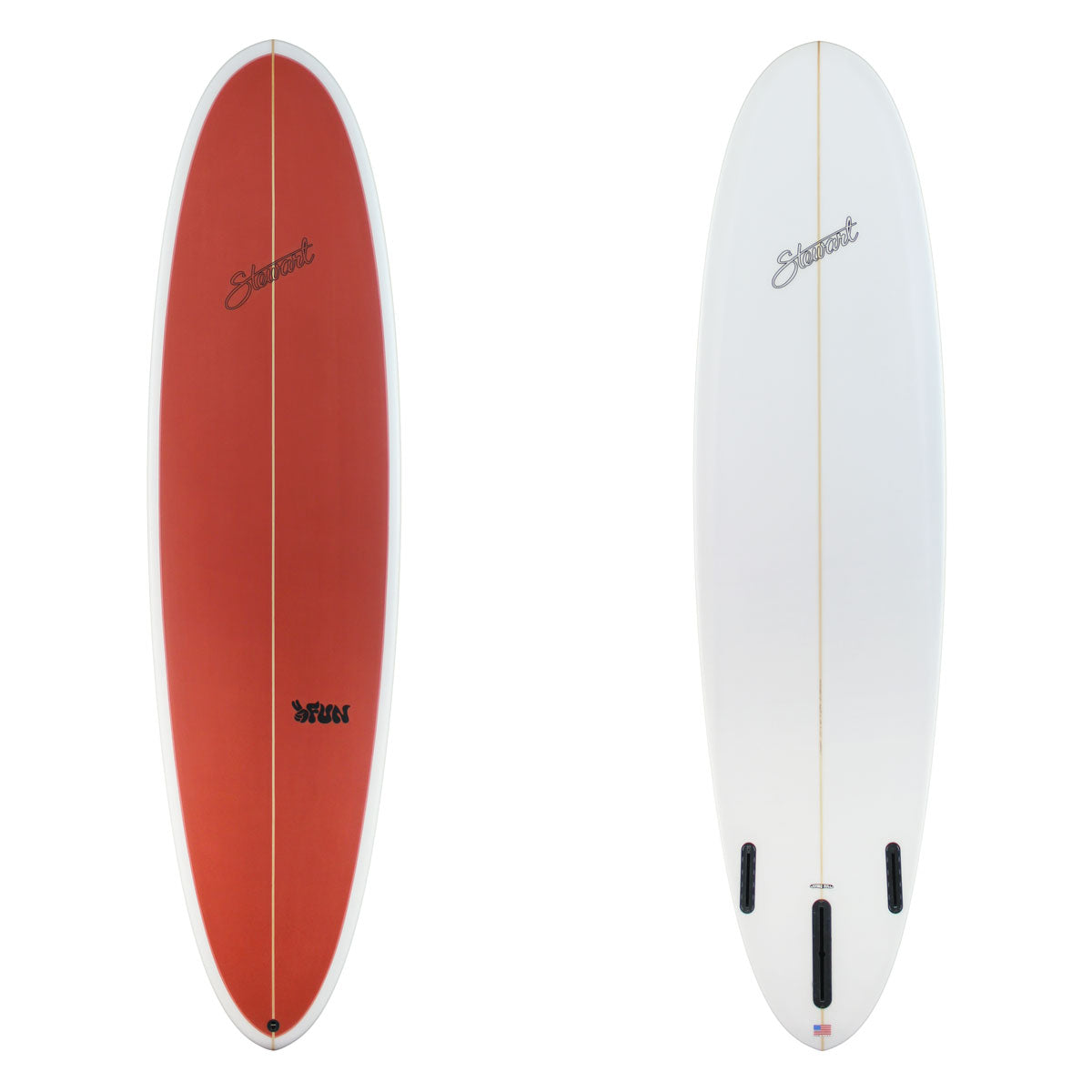 Stewart Midlength 7'2" 2 Fun (7'2", 22", 2 3/4") B#130249 Clear bottom and rails with red resin tint on deck. Black stewart and 2 fun logos. Sand Only.