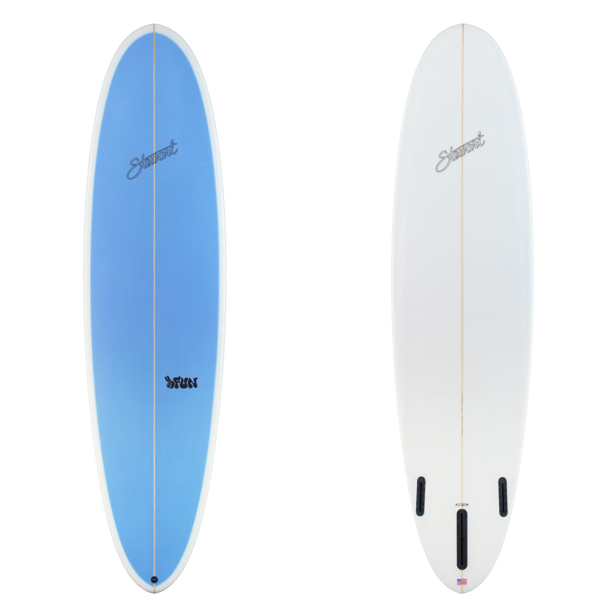 Stewart Midlength 7'2" 2 Fun (7'2", 22", 2 3/4") B#130250 Clear bottom and rails with blue resin tint. Black stewart and 2 fun logos. Sand Only.