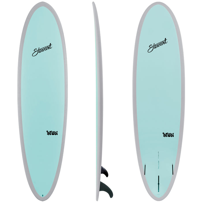 top, side, and bottom view of the Stewart HydroCush 2Fun mid length soft top surfboard with light aqua deck and bottom with light grey rails