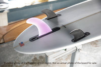 Detail of the tail and fins included with the Stewart 2Fun midlength surfboard