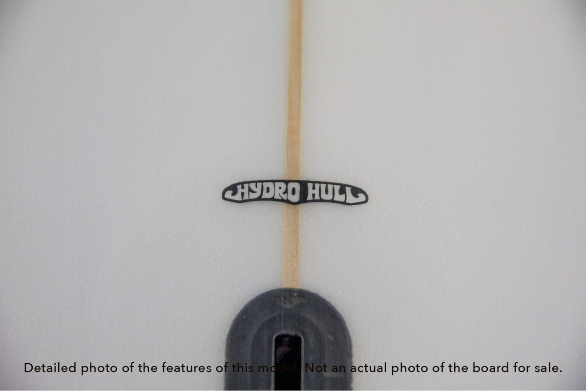 Detail of the Hydro Hull logo on the Stewart 2Fun midlength surfboard