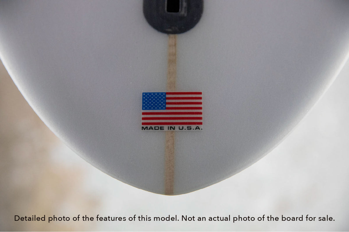 Detail of the Made in the USA laminate on the tail of the Stewart 2Fun midlength surfboard