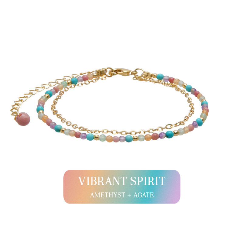 Multicolored beaded bracelet with gold chain on a white background, labeled 'Vibrant Spirit' with 'Amethyst + Agate'.